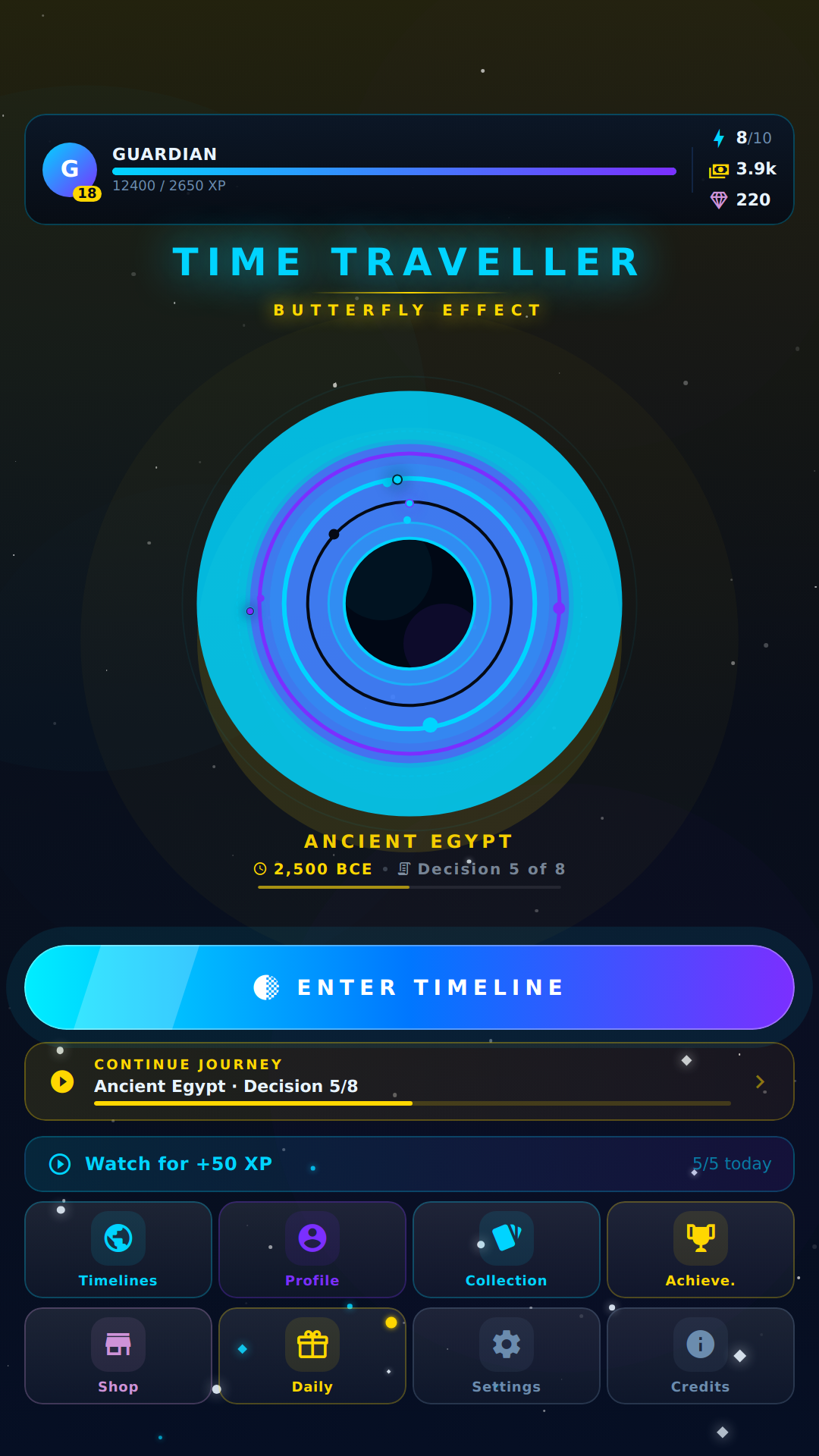 Time Traveller main menu